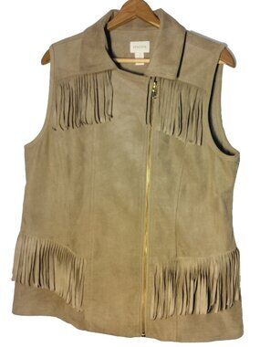 Chicos Size 2 Vest Fringe Tan Microsuede Zip Up Hippie Biker Boho Moto READ